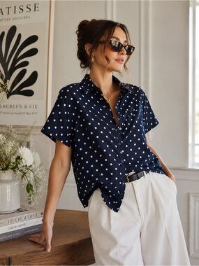 Talbots Pure Silk Navy Polka Dot Button Front Blouse | French Girl Style | Sz 6